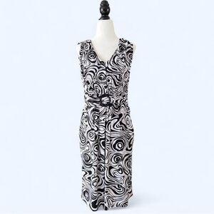 Précis Black White Swirl Print Midi Dress Maximalism Psychedelic V-Neck Size 8